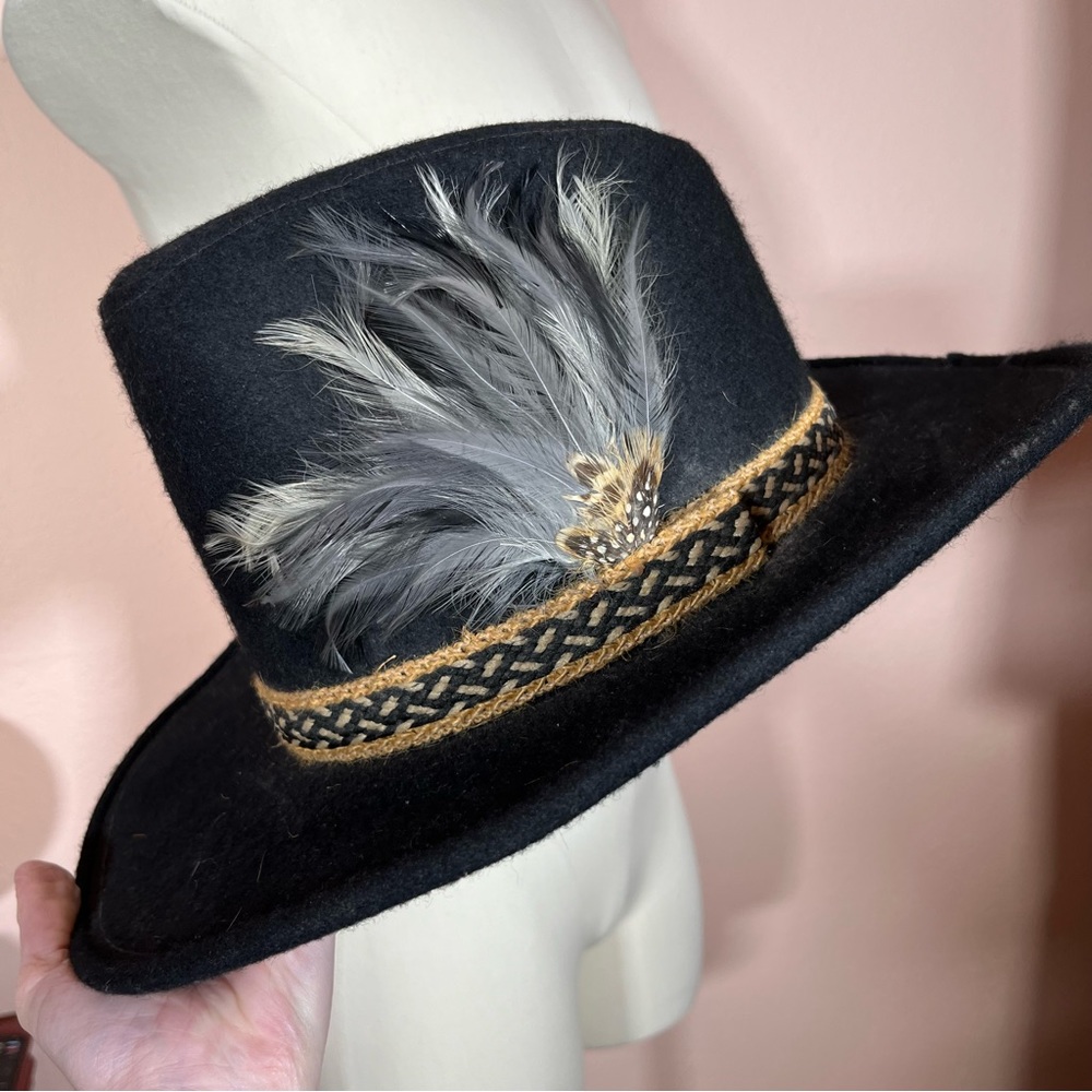 Vintage Black Felt Double Feather Western Cowboy Hat eclectic grandpa festival - Picture 3 of 17